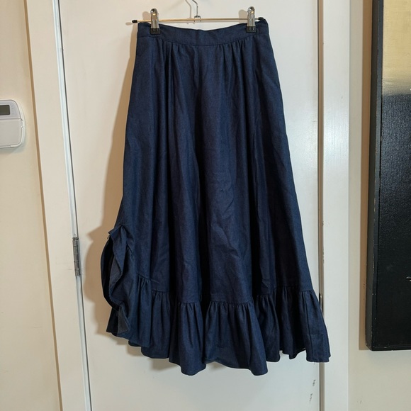 Vintage Circle T by Marilyn Lenox Ruffled Chambray Full Midi Skirt, Size… - Picture 1 of 3